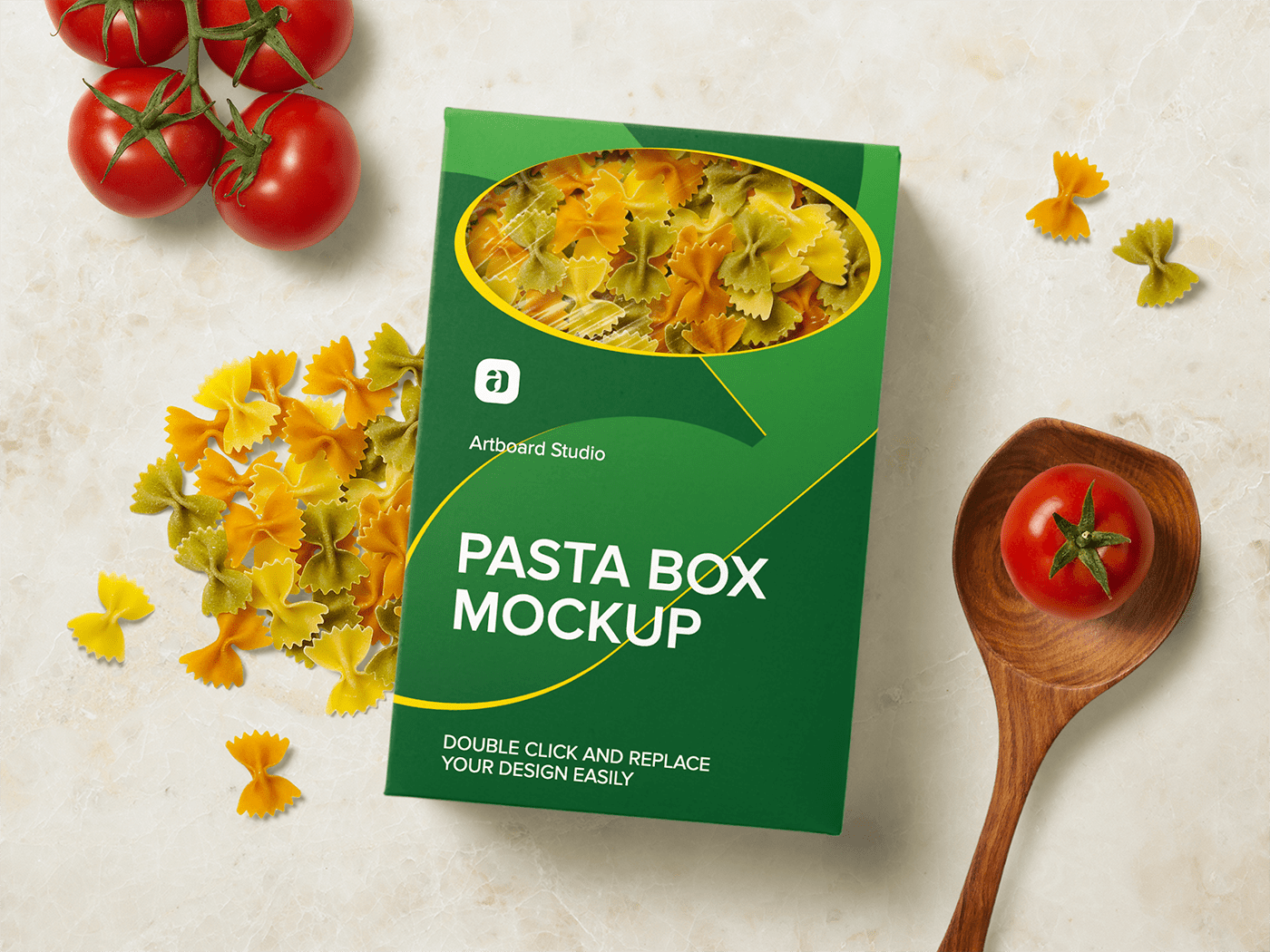 This pouch bag have clear plastic window for see . Pasta Box Mockup Scene