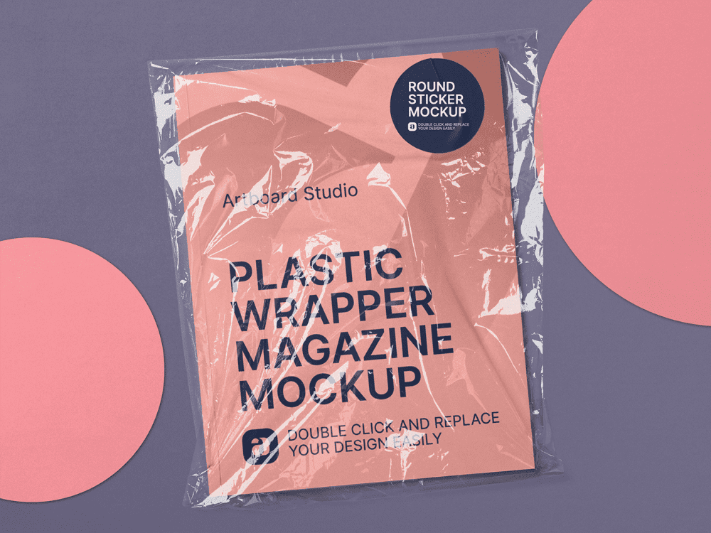A useful square plastic sleeve mockup crafted with photoshop that you can use to display your label and logo designs in a professional way. Plastic Wrapper Magazine Mockup Scene